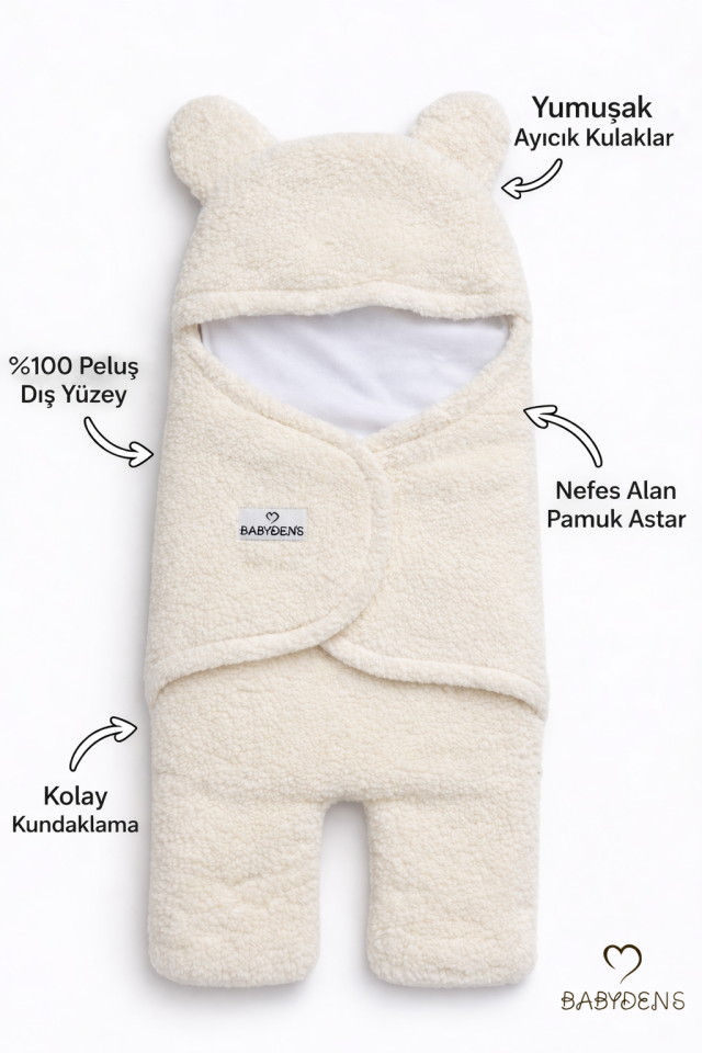 0-12 Ay Welsoft Peluş Bebek Dış Kundak ,Uyku Tulumu ,Ayıcık Kulaklı İçi %100 Pamuk Astarlı Battaniye Ekru