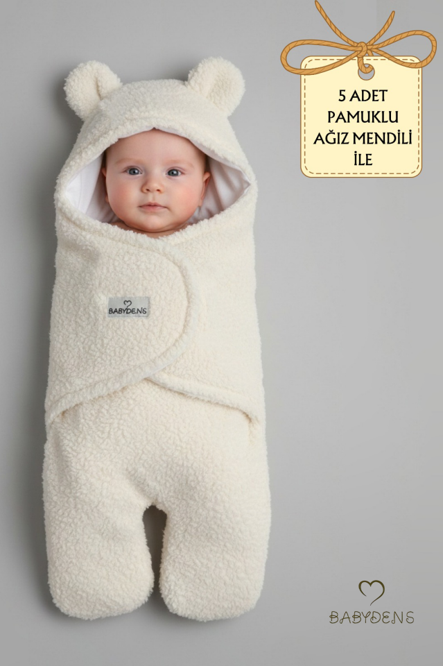 0-12 Ay Welsoft Peluş Bebek Dış Kundak ,Uyku Tulumu ,Ayıcık Kulaklı İçi %100 Pamuk Astarlı Battaniye Ekru
