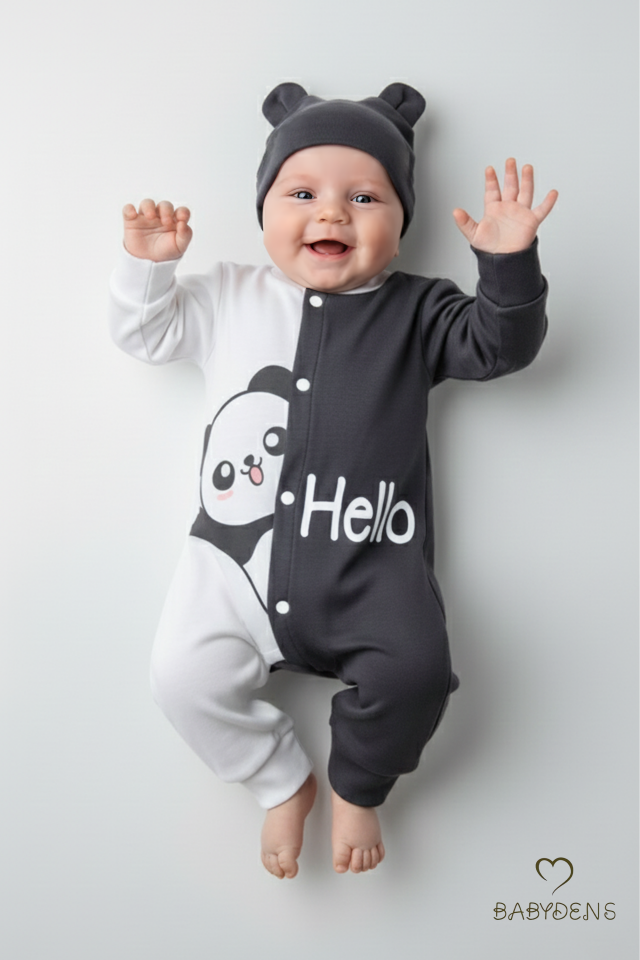 Panda Baskılı Bebek Tulum & Şapka Seti,Renk Bloklu,Çıtçıtlı Uzun Kollu Yenidoğan Tulumu ,%100 Pamuk