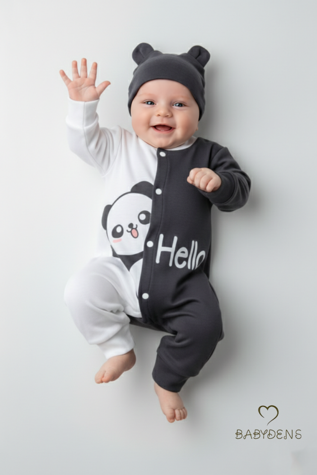 Panda Baskılı Bebek Tulum & Şapka Seti,Renk Bloklu,Çıtçıtlı Uzun Kollu Yenidoğan Tulumu ,%100 Pamuk