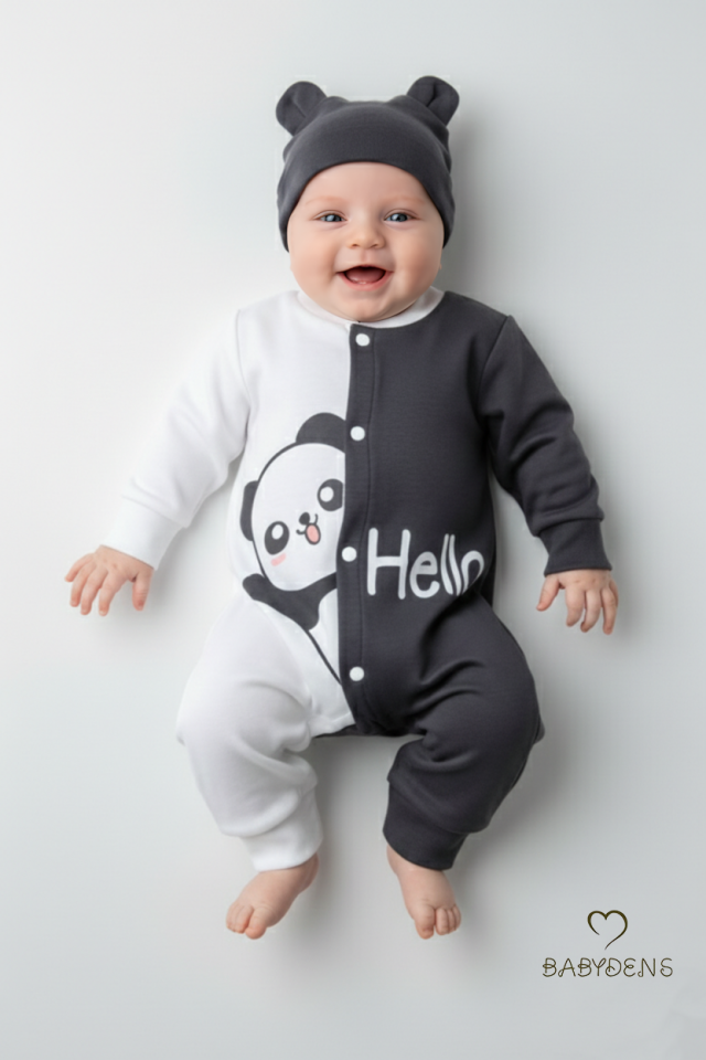 Panda Baskılı Bebek Tulum & Şapka Seti,Renk Bloklu,Çıtçıtlı Uzun Kollu Yenidoğan Tulumu ,%100 Pamuk