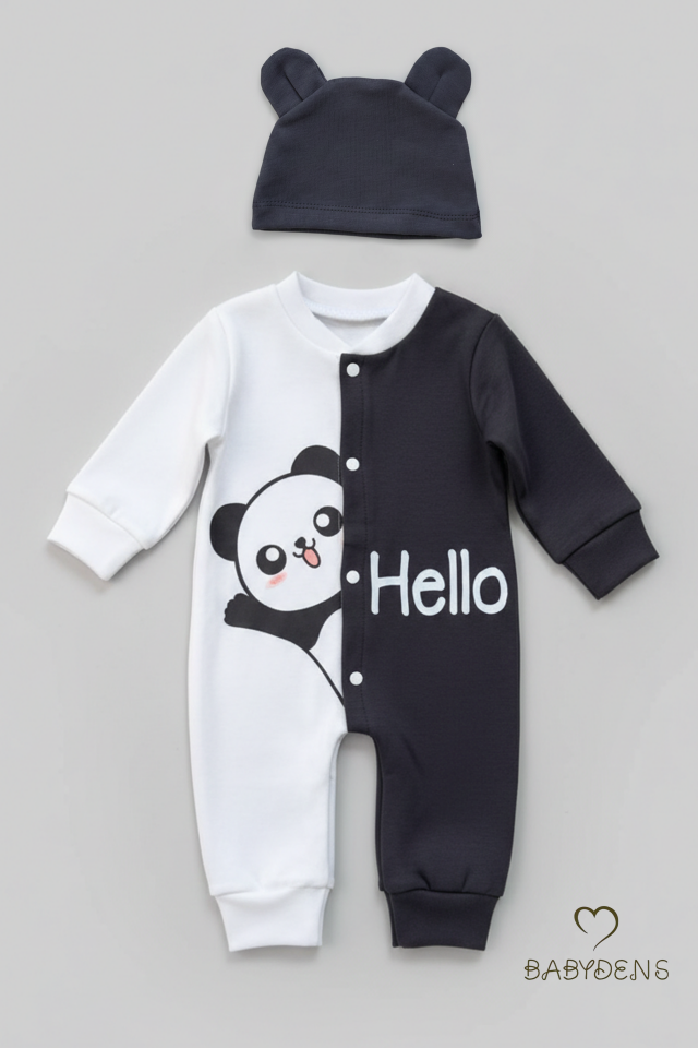 Panda Baskılı Bebek Tulum & Şapka Seti,Renk Bloklu,Çıtçıtlı Uzun Kollu Yenidoğan Tulumu ,%100 Pamuk