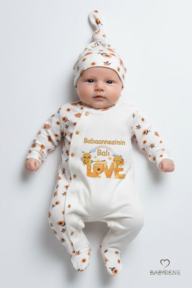 Babaannesinin Balı Yazılı Yenidoğan Bebek Tulum Şapka Set Arı Desenli %100Pamuk Çıtçıtlı Bebek Tulum