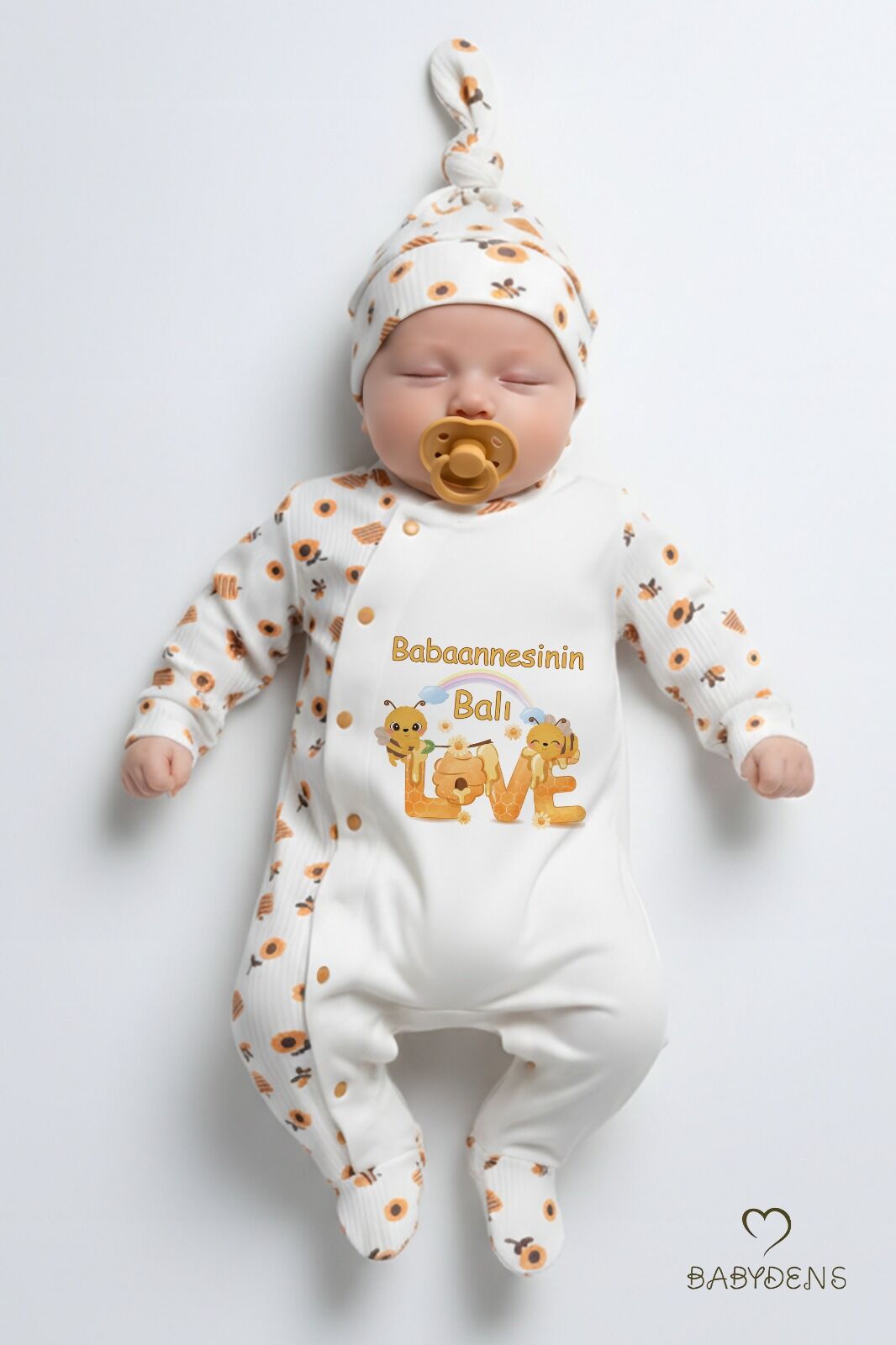Babaannesinin Balı Yazılı Yenidoğan Bebek Tulum Şapka Set Arı Desenli %100Pamuk Çıtçıtlı Bebek Tulum