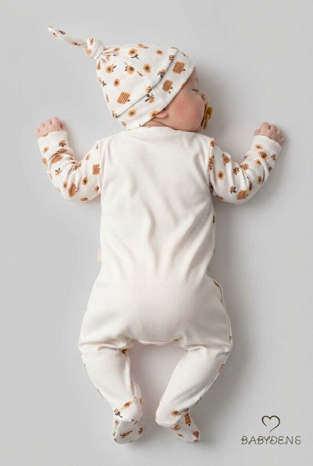 Babaannesinin Balı Yazılı Yenidoğan Bebek Tulum Şapka Set Arı Desenli %100Pamuk Çıtçıtlı Bebek Tulum