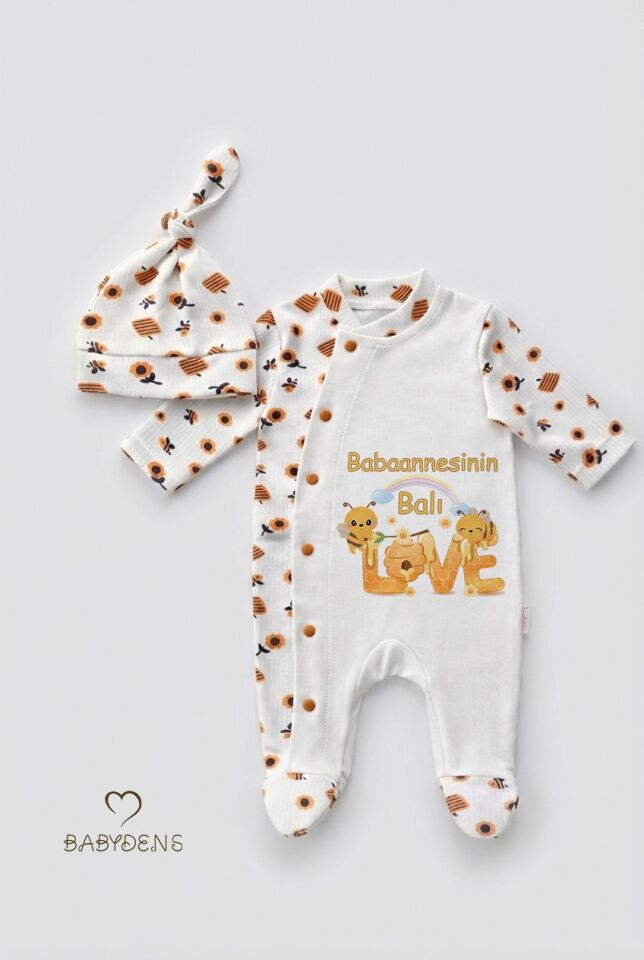 Babaannesinin Balı Yazılı Yenidoğan Bebek Tulum Şapka Set Arı Desenli %100Pamuk Çıtçıtlı Bebek Tulum