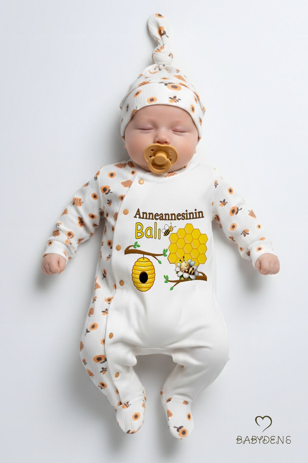 Anneannesinin Balı Yazılı Yenidoğan Bebek Tulum Şapka Set Arı Desenli %100Pamuk Çıtçıtlı Bebek Tulum