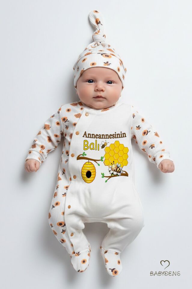 Anneannesinin Balı Yazılı Yenidoğan Bebek Tulum Şapka Set Arı Desenli %100Pamuk Çıtçıtlı Bebek Tulum