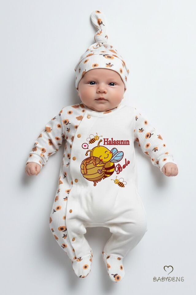 Halasının Balı Yazılı Yenidoğan Bebek Tulumu Şapka Seti Arı Desenli %100 Pamuk Çıtçıtlı Bebek Tulum