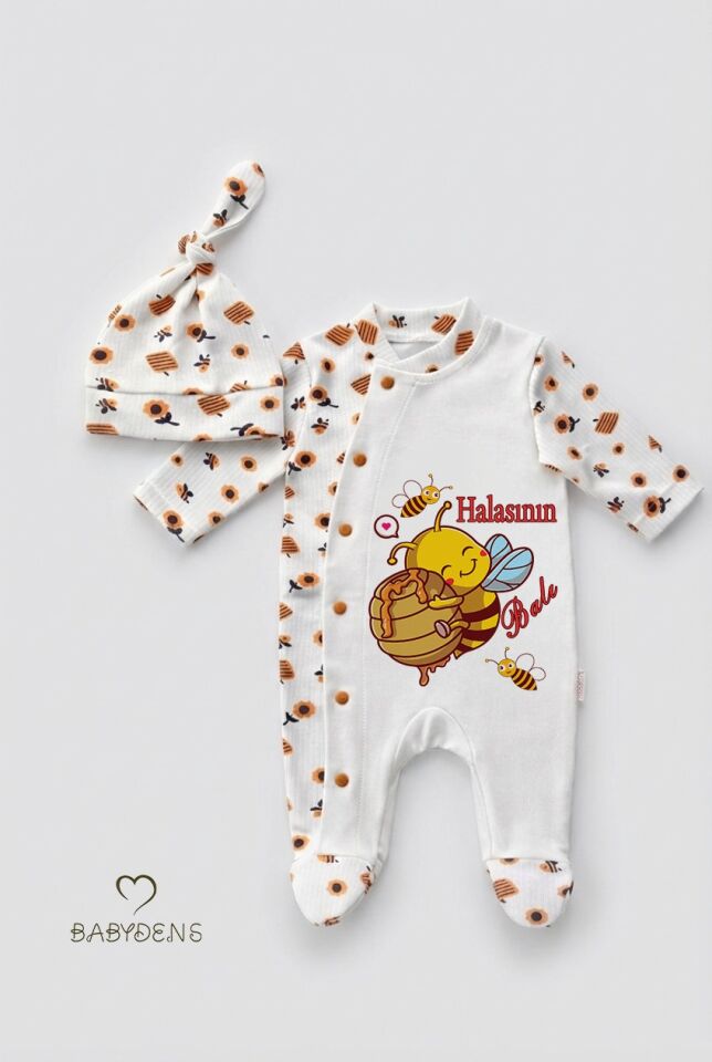 Halasının Balı Yazılı Yenidoğan Bebek Tulumu Şapka Seti Arı Desenli %100 Pamuk Çıtçıtlı Bebek Tulum