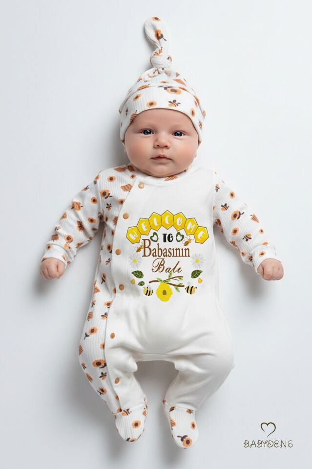 Babasının Balı Yazılı Yenidoğan Bebek Tulumu Şapka Seti Arı Desenli %100 Pamuk Çıtçıtlı Bebek Tulum