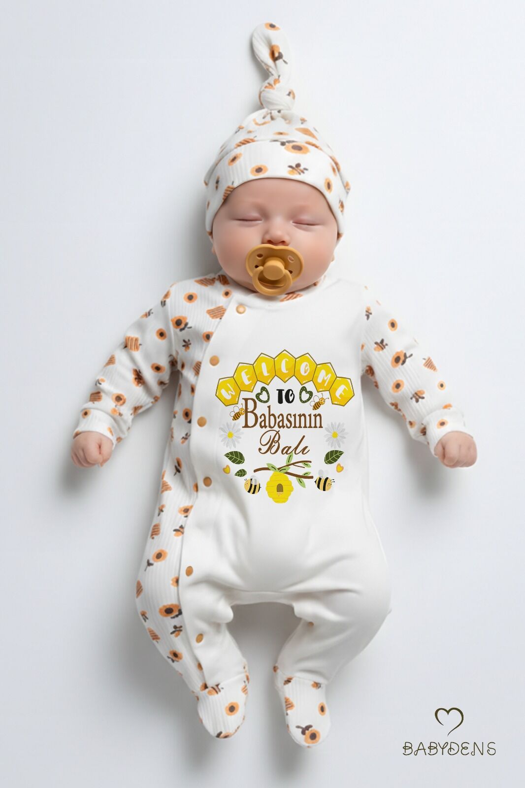 Babasının Balı Yazılı Yenidoğan Bebek Tulumu Şapka Seti Arı Desenli %100 Pamuk Çıtçıtlı Bebek Tulum