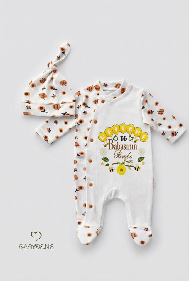 Babasının Balı Yazılı Yenidoğan Bebek Tulumu Şapka Seti Arı Desenli %100 Pamuk Çıtçıtlı Bebek Tulum