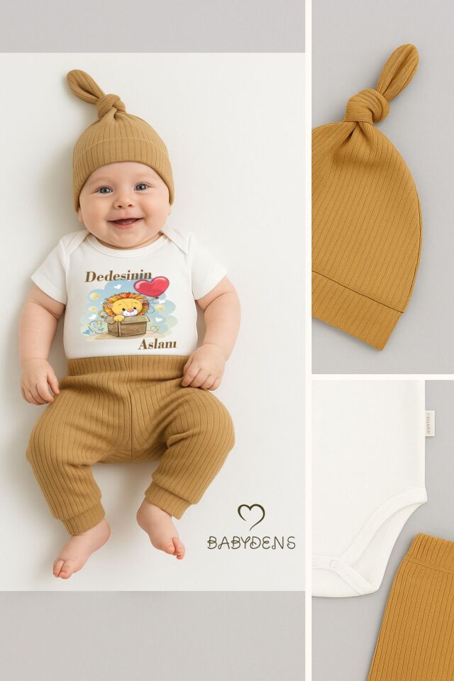 Dedesinin Aslanı Yazılı 3'lü Bebek Takımı - Çıtçıtlı Body, Ribana Pantolon ve Şapka - %100 Pamuk Set 6-9 Ay