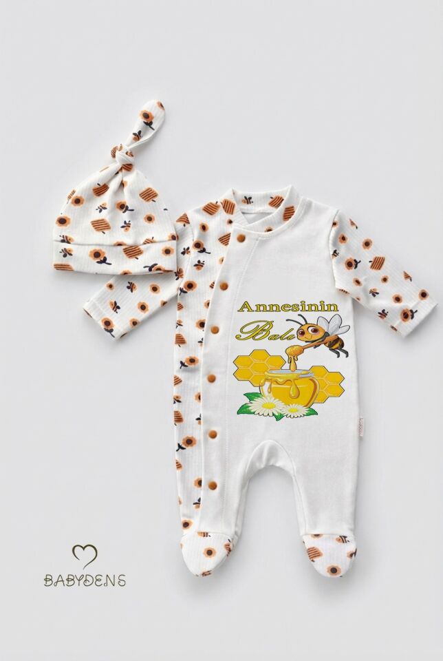 Annesinin Balı Yazılı Yenidoğan Bebek Tulumu Şapka Seti Arı Desenli %100 Pamuk Çıtçıtlı Bebek Tulum