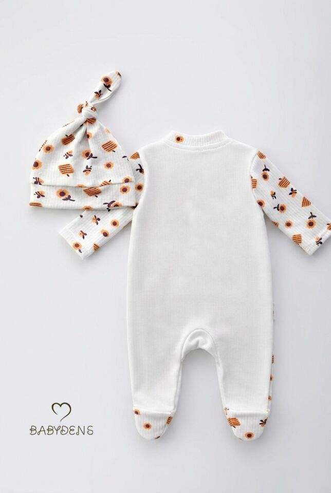 Annesinin Balı Yazılı Yenidoğan Bebek Tulumu Şapka Seti Arı Desenli %100 Pamuk Çıtçıtlı Bebek Tulum