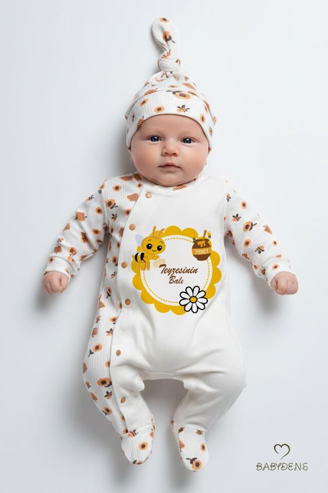 Teyzesinin Balı Yazılı Yenidoğan Bebek Tulumu Şapka Seti Arı Desenli %100 Pamuk Çıtçıtlı Bebek Tulum