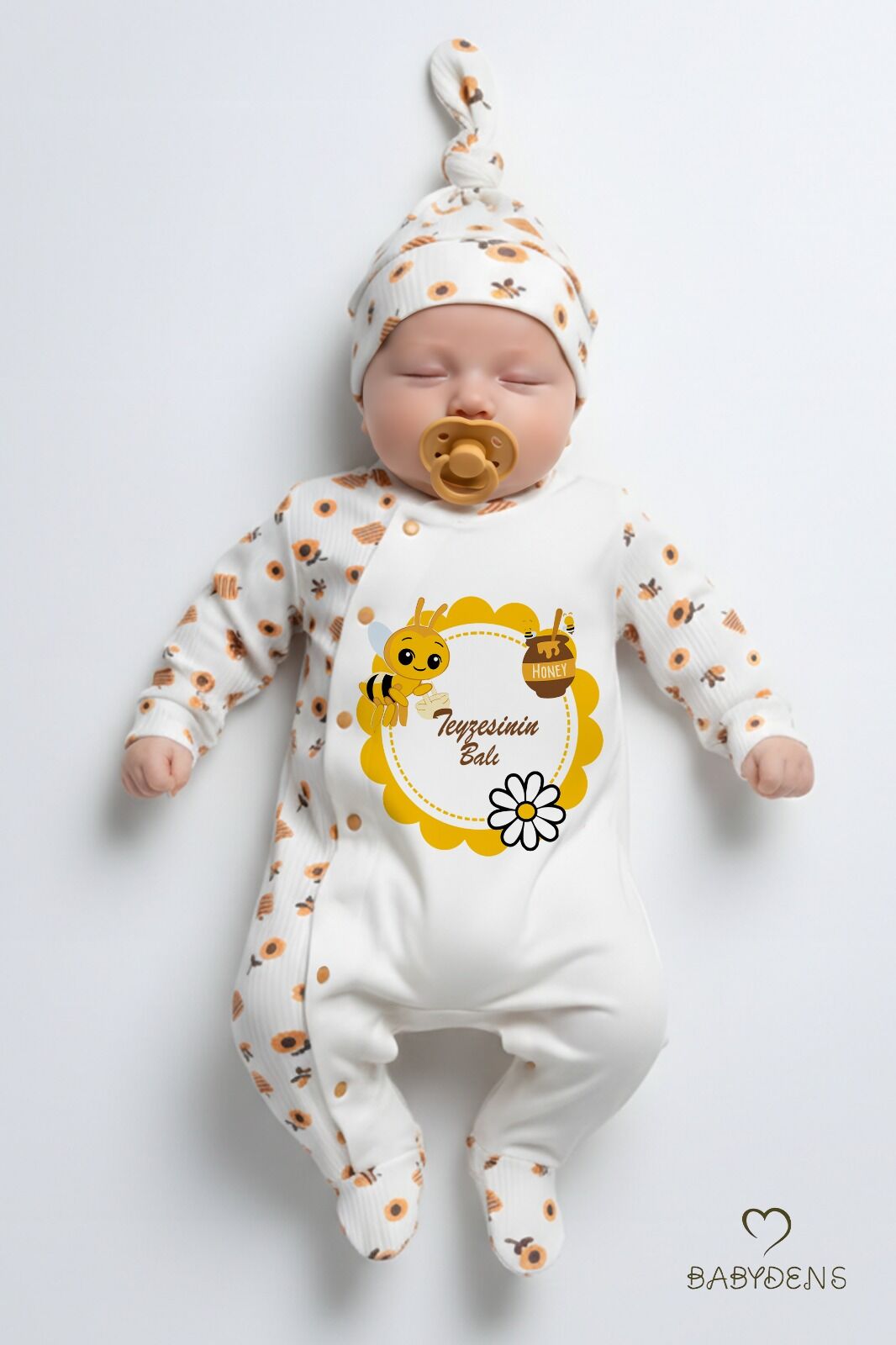 Teyzesinin Balı Yazılı Yenidoğan Bebek Tulumu Şapka Seti Arı Desenli %100 Pamuk Çıtçıtlı Bebek Tulum