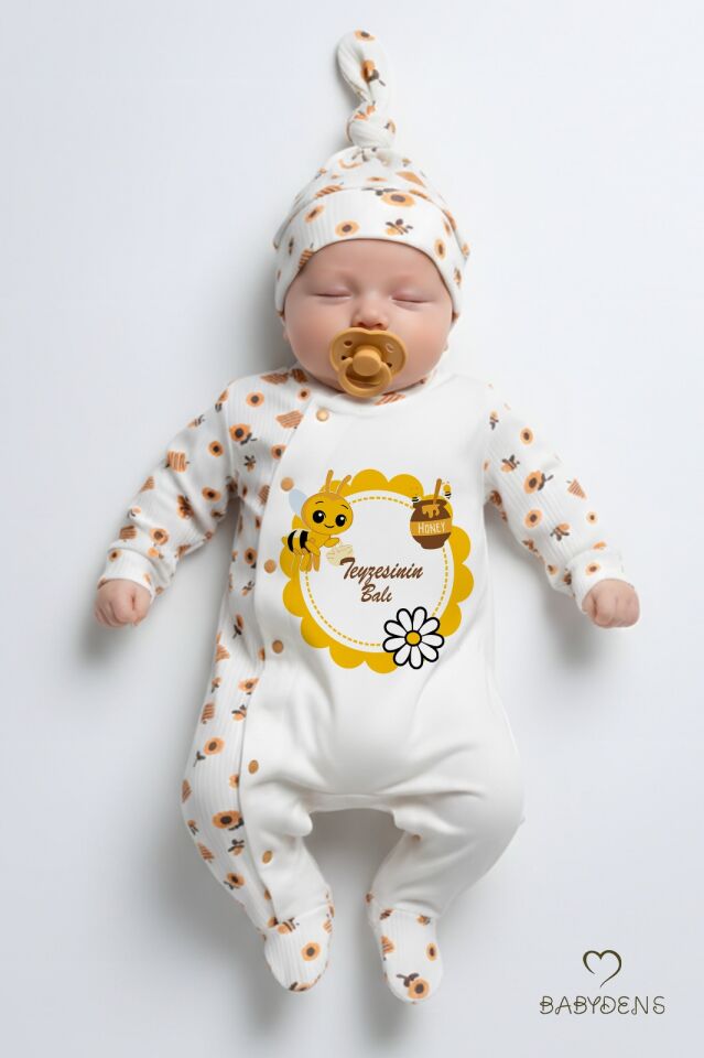 Teyzesinin Balı Yazılı Yenidoğan Bebek Tulumu Şapka Seti Arı Desenli %100 Pamuk Çıtçıtlı Bebek Tulum