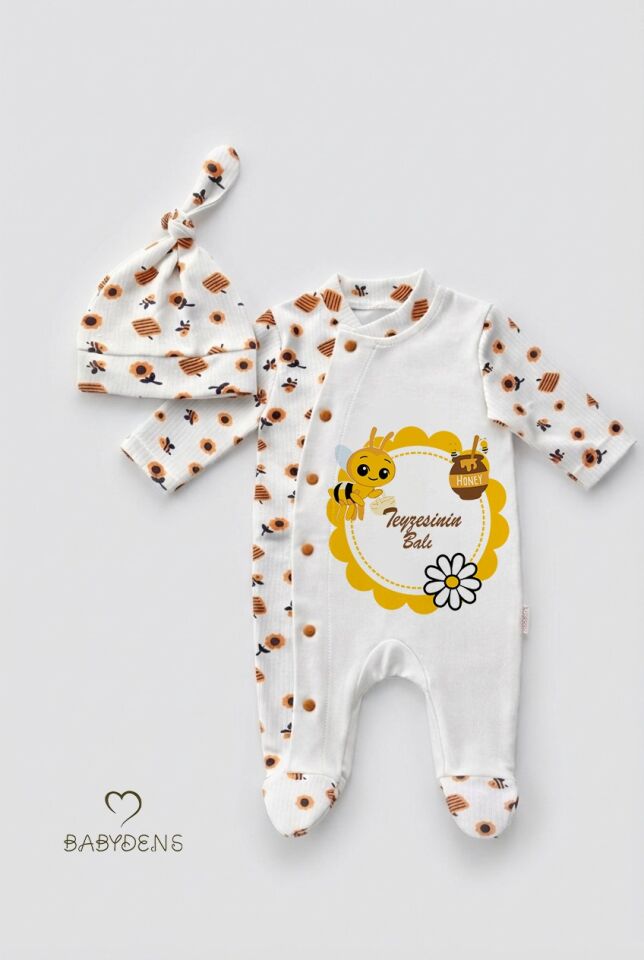 Teyzesinin Balı Yazılı Yenidoğan Bebek Tulumu Şapka Seti Arı Desenli %100 Pamuk Çıtçıtlı Bebek Tulum