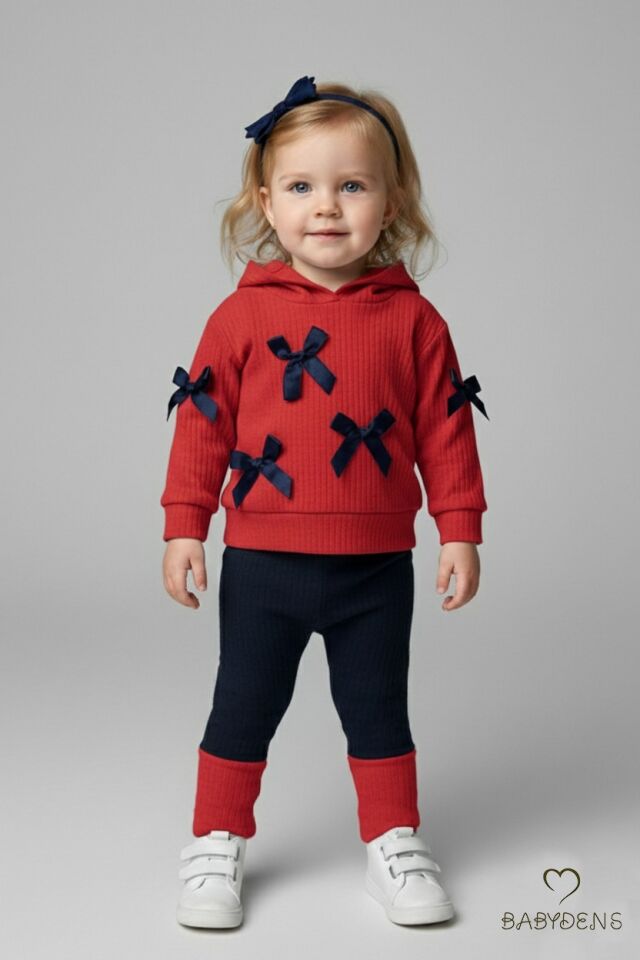 Bebek Çocuk 2’li Takım Pamuklu Kapüşonlu Sweatshirt Tayt Fiyonk Detaylı Kışlık Sonbaharlık Alt Üst Taytlı Takım Kırmızı