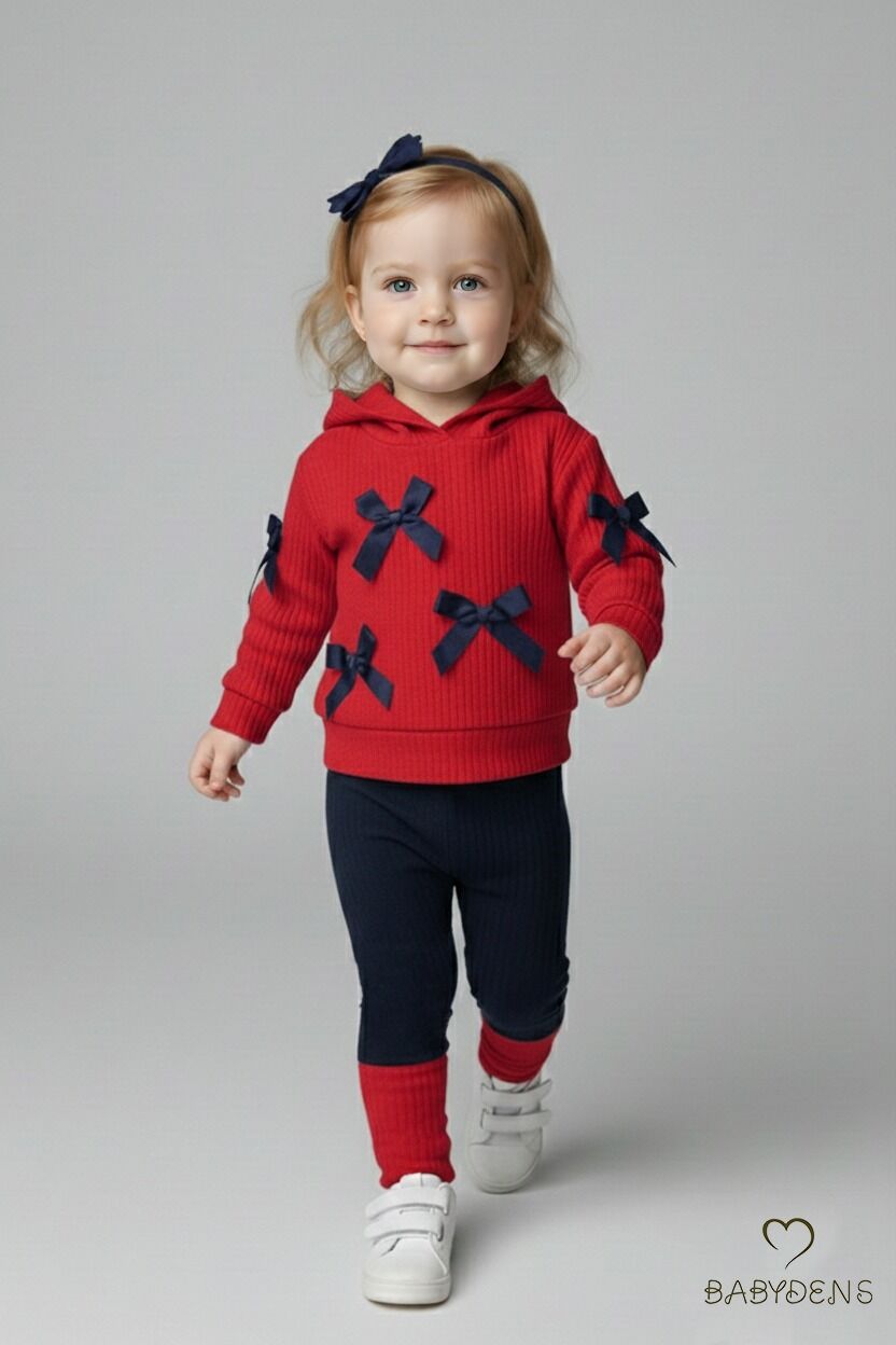 Bebek Çocuk 2’li Takım Pamuklu Kapüşonlu Sweatshirt Tayt Fiyonk Detaylı Kışlık Sonbaharlık Alt Üst Taytlı Takım Kırmızı