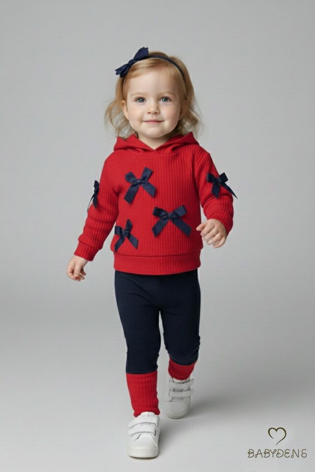 Bebek Çocuk 2’li Takım Pamuklu Kapüşonlu Sweatshirt Tayt Fiyonk Detaylı Kışlık Sonbaharlık Alt Üst Taytlı Takım Kırmızı