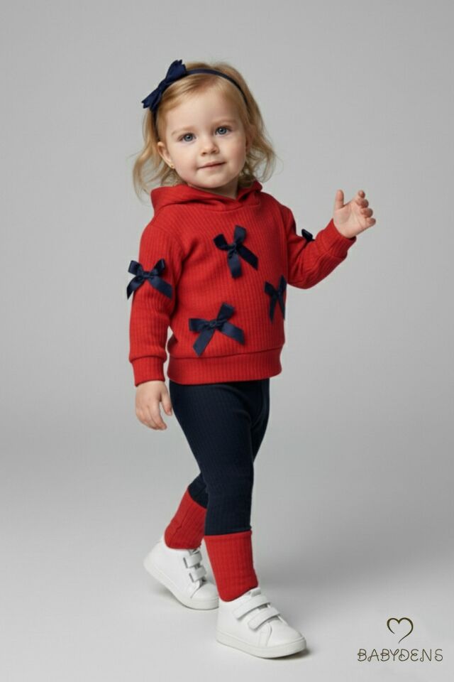 Bebek Çocuk 2’li Takım Pamuklu Kapüşonlu Sweatshirt Tayt Fiyonk Detaylı Kışlık Sonbaharlık Alt Üst Taytlı Takım Kırmızı