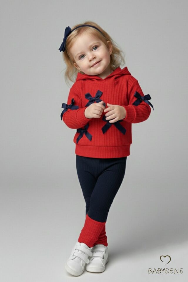 Bebek Çocuk 2’li Takım Pamuklu Kapüşonlu Sweatshirt Tayt Fiyonk Detaylı Kışlık Sonbaharlık Alt Üst Taytlı Takım Kırmızı