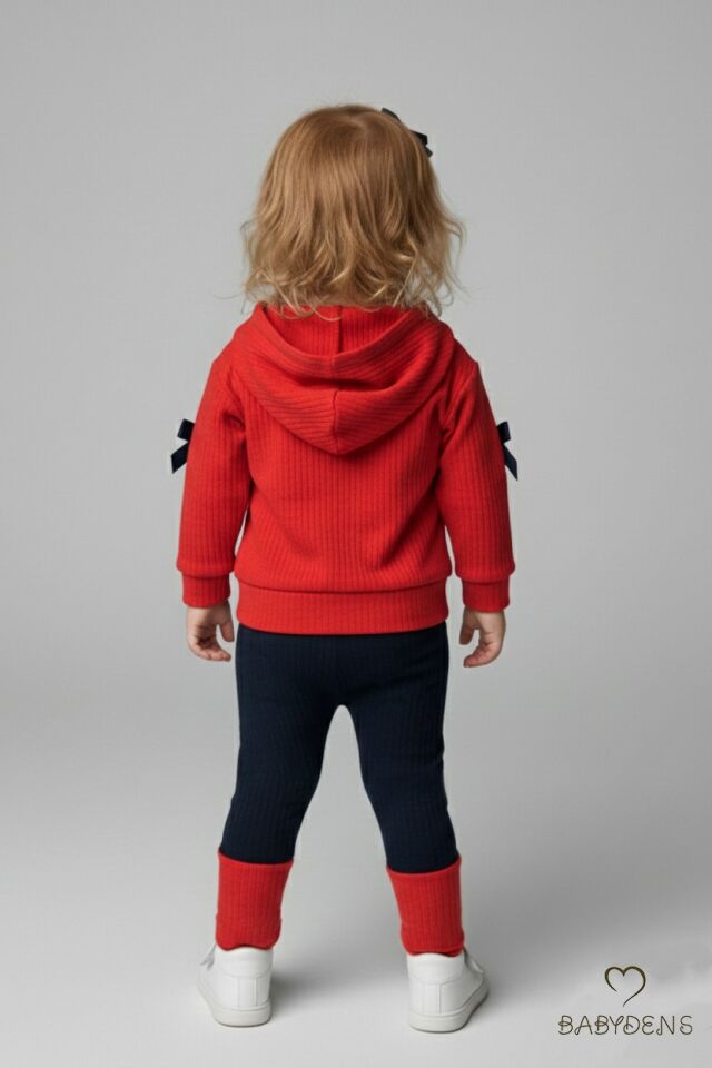 Bebek Çocuk 2’li Takım Pamuklu Kapüşonlu Sweatshirt Tayt Fiyonk Detaylı Kışlık Sonbaharlık Alt Üst Taytlı Takım Kırmızı