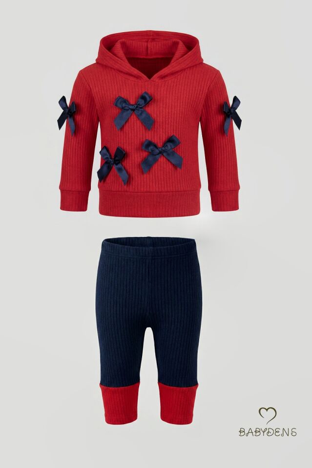 Bebek Çocuk 2’li Takım Pamuklu Kapüşonlu Sweatshirt Tayt Fiyonk Detaylı Kışlık Sonbaharlık Alt Üst Taytlı Takım Kırmızı