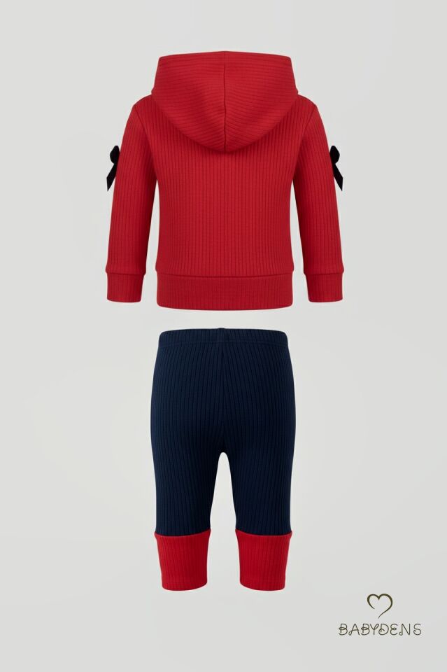 Bebek Çocuk 2’li Takım Pamuklu Kapüşonlu Sweatshirt Tayt Fiyonk Detaylı Kışlık Sonbaharlık Alt Üst Taytlı Takım Kırmızı