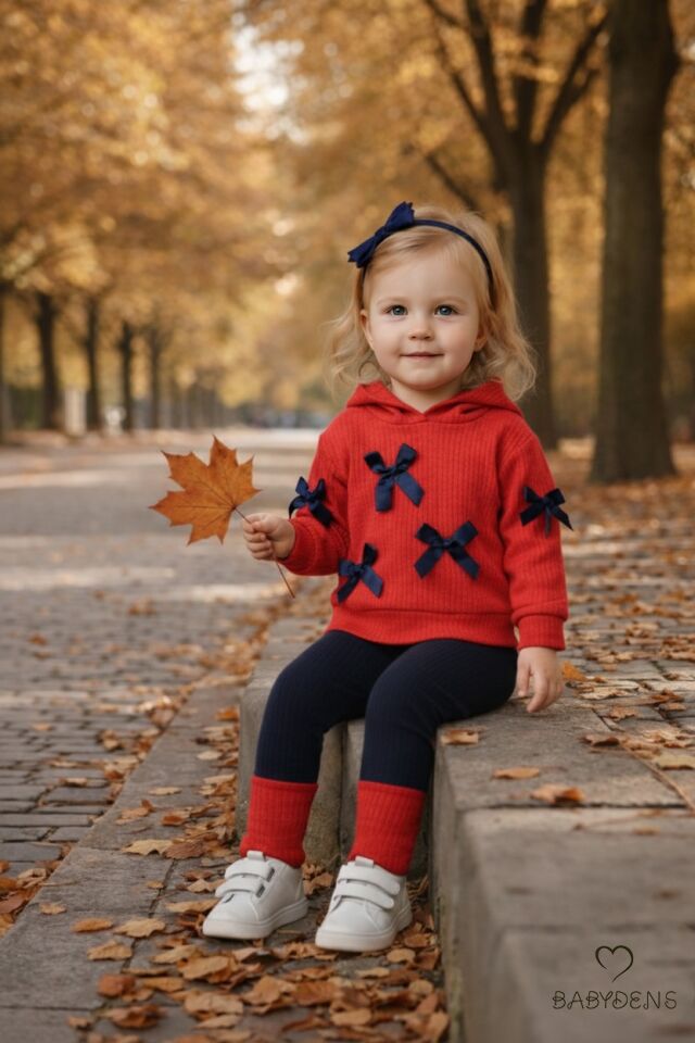 Bebek Çocuk 2’li Takım Pamuklu Kapüşonlu Sweatshirt Tayt Fiyonk Detaylı Kışlık Sonbaharlık Alt Üst Taytlı Takım Kırmızı