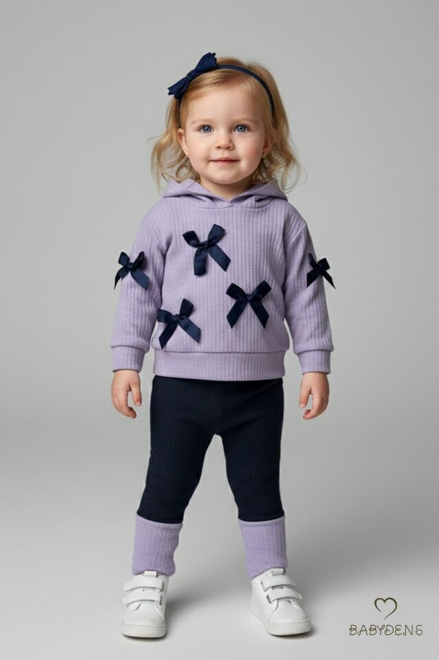 Bebek Çocuk 2’li Takım Pamuklu Kapüşonlu Sweatshirt Tayt Fiyonk Detaylı Kışlık Sonbaharlık Alt Üst Taytlı Takım Lila