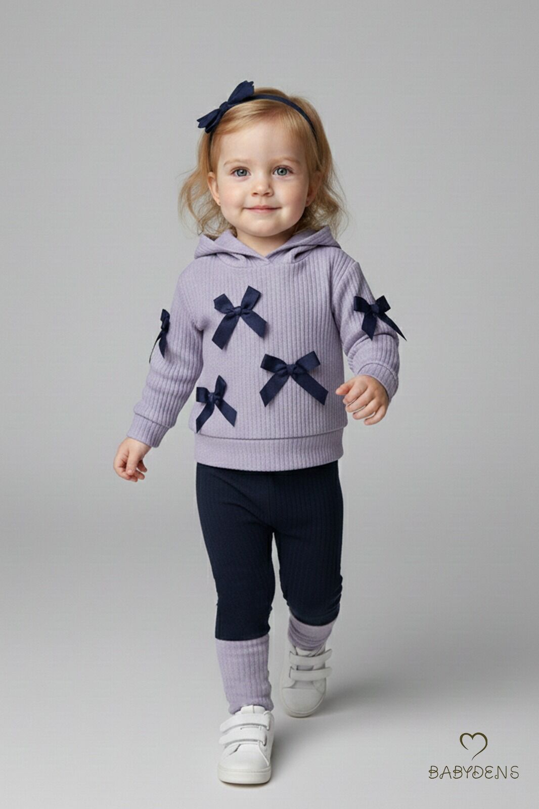 Bebek Çocuk 2’li Takım Pamuklu Kapüşonlu Sweatshirt Tayt Fiyonk Detaylı Kışlık Sonbaharlık Alt Üst Taytlı Takım Lila