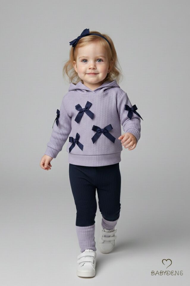 Bebek Çocuk 2’li Takım Pamuklu Kapüşonlu Sweatshirt Tayt Fiyonk Detaylı Kışlık Sonbaharlık Alt Üst Taytlı Takım Lila