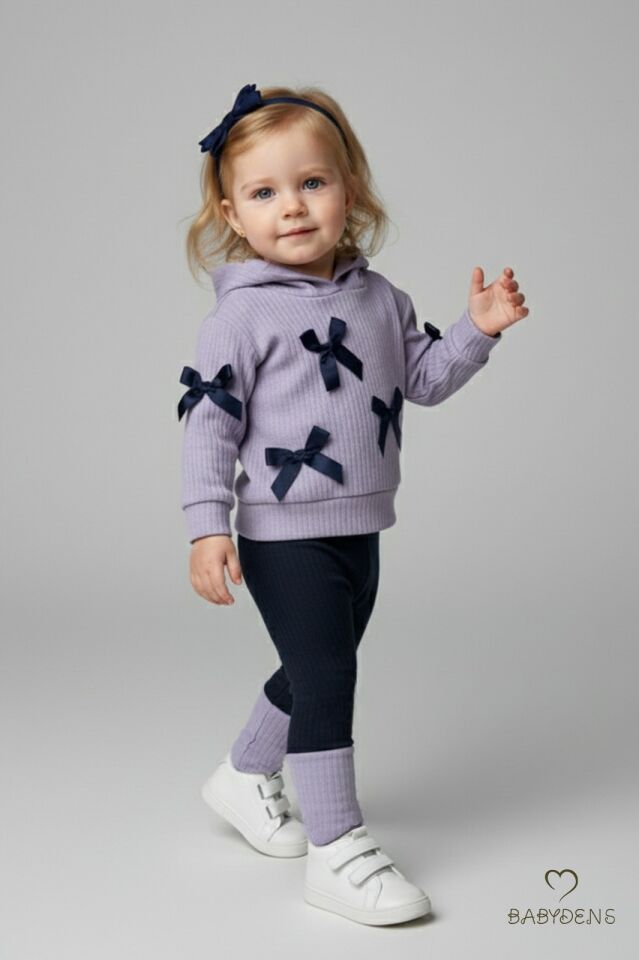 Bebek Çocuk 2’li Takım Pamuklu Kapüşonlu Sweatshirt Tayt Fiyonk Detaylı Kışlık Sonbaharlık Alt Üst Taytlı Takım Lila