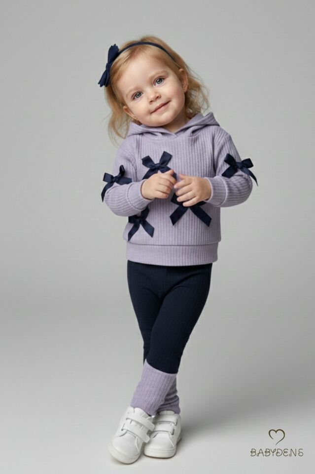 Bebek Çocuk 2’li Takım Pamuklu Kapüşonlu Sweatshirt Tayt Fiyonk Detaylı Kışlık Sonbaharlık Alt Üst Taytlı Takım Lila