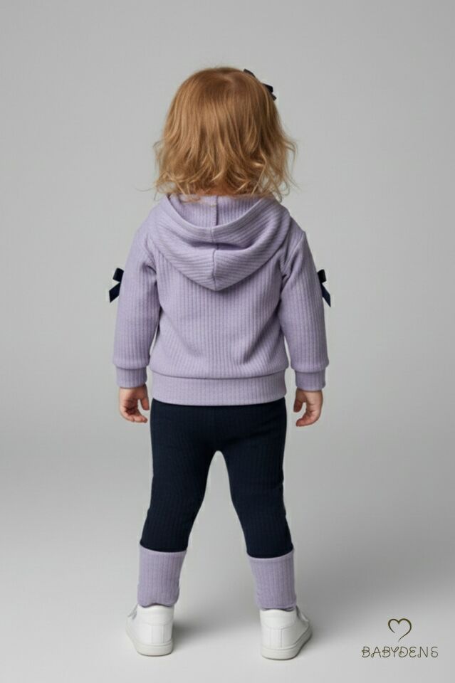 Bebek Çocuk 2’li Takım Pamuklu Kapüşonlu Sweatshirt Tayt Fiyonk Detaylı Kışlık Sonbaharlık Alt Üst Taytlı Takım Lila