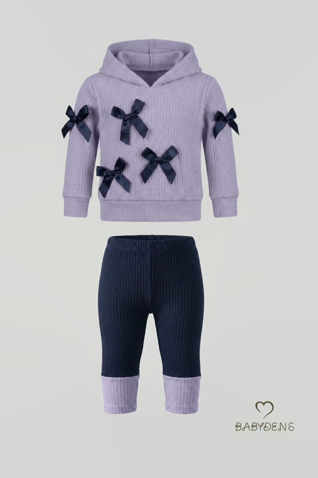 Bebek Çocuk 2’li Takım Pamuklu Kapüşonlu Sweatshirt Tayt Fiyonk Detaylı Kışlık Sonbaharlık Alt Üst Taytlı Takım Lila