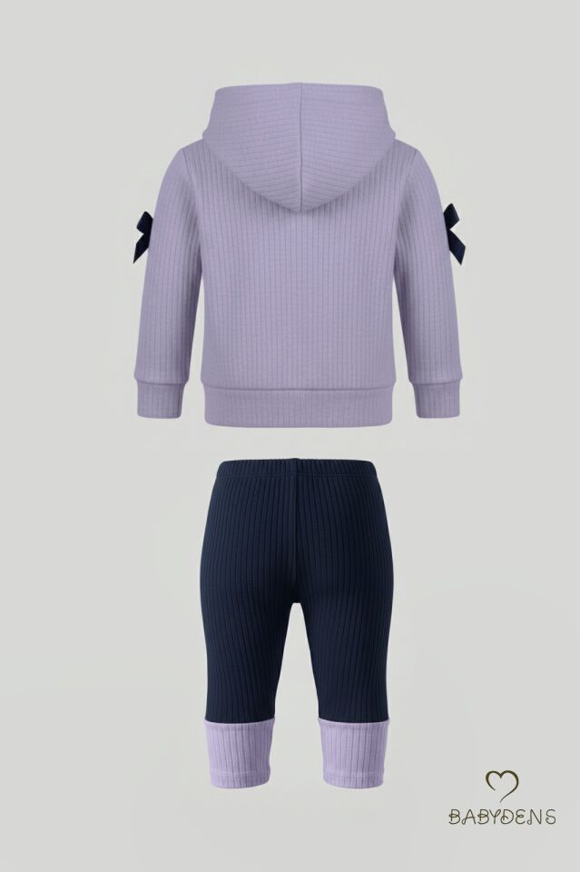 Bebek Çocuk 2’li Takım Pamuklu Kapüşonlu Sweatshirt Tayt Fiyonk Detaylı Kışlık Sonbaharlık Alt Üst Taytlı Takım Lila