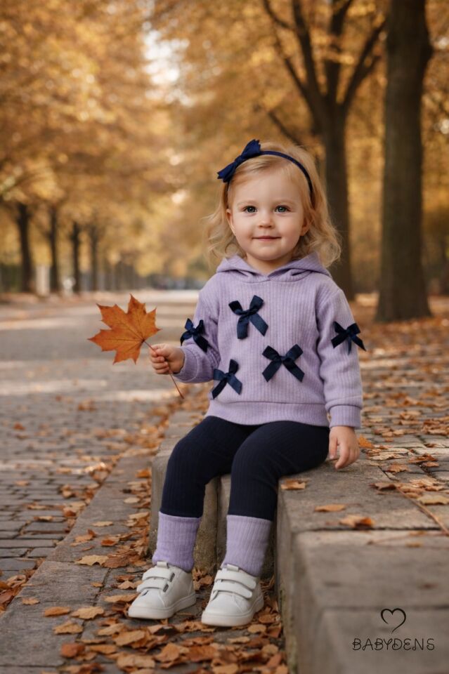 Bebek Çocuk 2’li Takım Pamuklu Kapüşonlu Sweatshirt Tayt Fiyonk Detaylı Kışlık Sonbaharlık Alt Üst Taytlı Takım Lila
