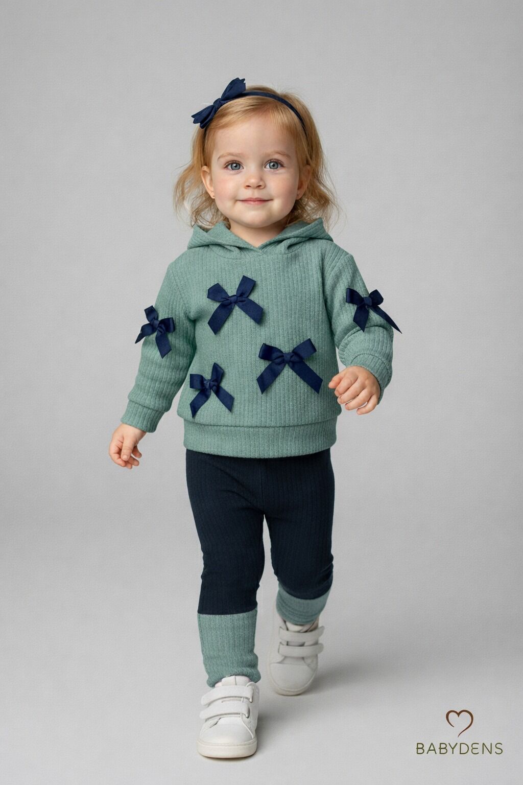 Bebek Çocuk 2’li Takım Pamuklu Kapüşonlu Sweatshirt Tayt Fiyonk Detaylı Kışlık Sonbaharlık Alt Üst Taytlı Takım Haki