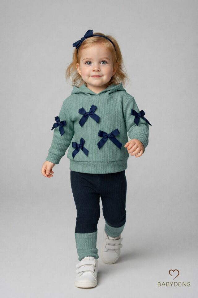 Bebek Çocuk 2’li Takım Pamuklu Kapüşonlu Sweatshirt Tayt Fiyonk Detaylı Kışlık Sonbaharlık Alt Üst Taytlı Takım Haki