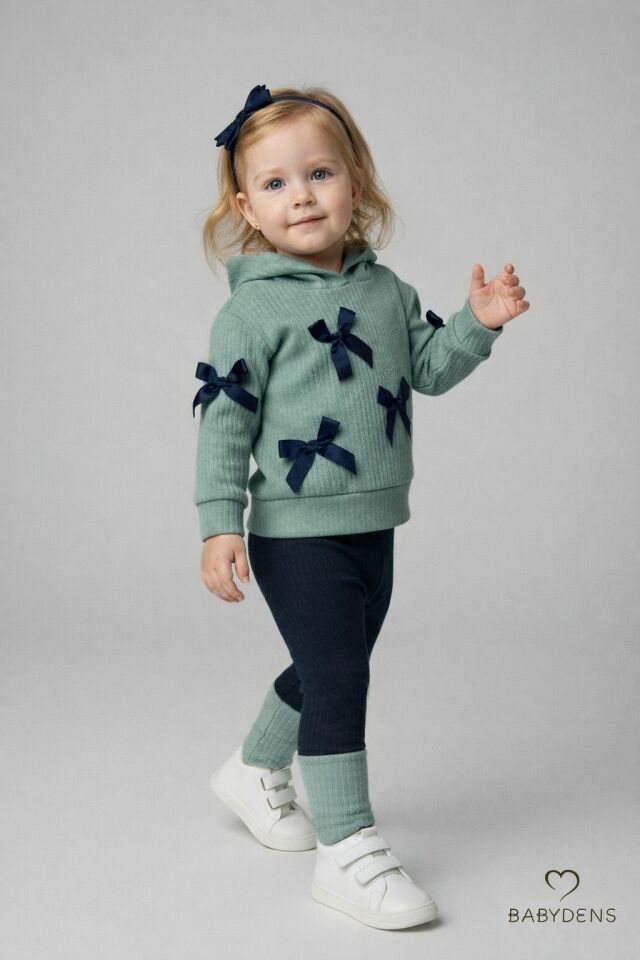 Bebek Çocuk 2’li Takım Pamuklu Kapüşonlu Sweatshirt Tayt Fiyonk Detaylı Kışlık Sonbaharlık Alt Üst Taytlı Takım Haki