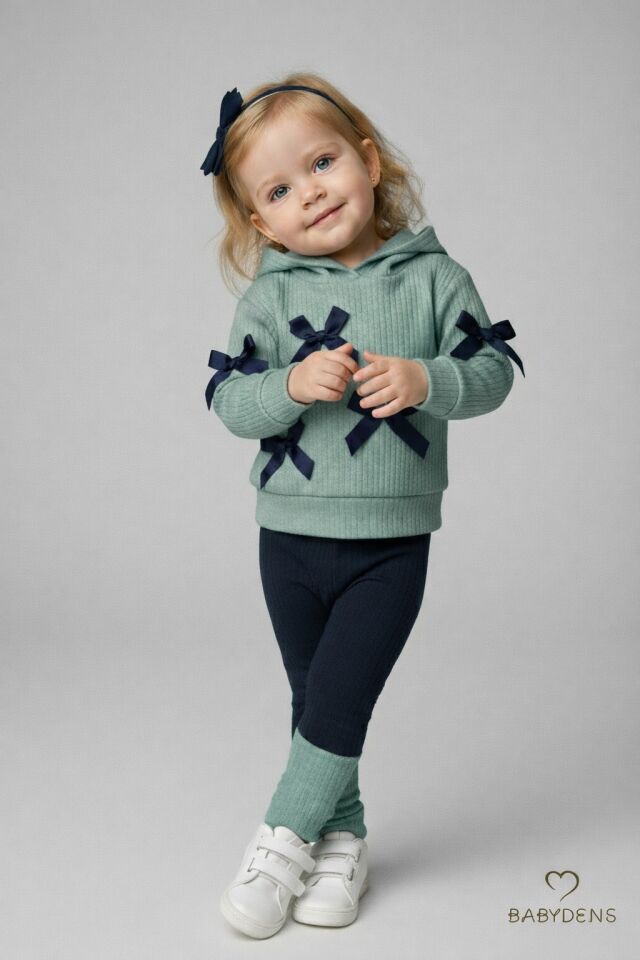 Bebek Çocuk 2’li Takım Pamuklu Kapüşonlu Sweatshirt Tayt Fiyonk Detaylı Kışlık Sonbaharlık Alt Üst Taytlı Takım Haki