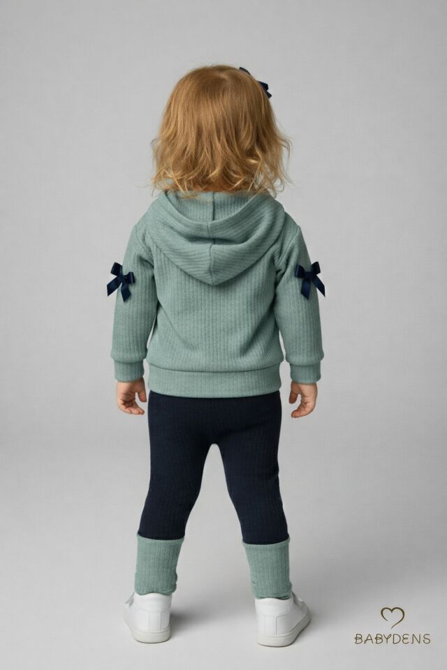 Bebek Çocuk 2’li Takım Pamuklu Kapüşonlu Sweatshirt Tayt Fiyonk Detaylı Kışlık Sonbaharlık Alt Üst Taytlı Takım Haki