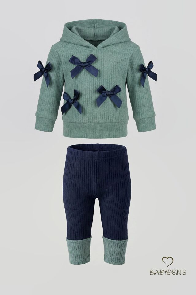 Bebek Çocuk 2’li Takım Pamuklu Kapüşonlu Sweatshirt Tayt Fiyonk Detaylı Kışlık Sonbaharlık Alt Üst Taytlı Takım Haki