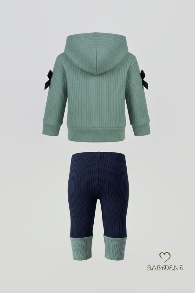 Bebek Çocuk 2’li Takım Pamuklu Kapüşonlu Sweatshirt Tayt Fiyonk Detaylı Kışlık Sonbaharlık Alt Üst Taytlı Takım Haki