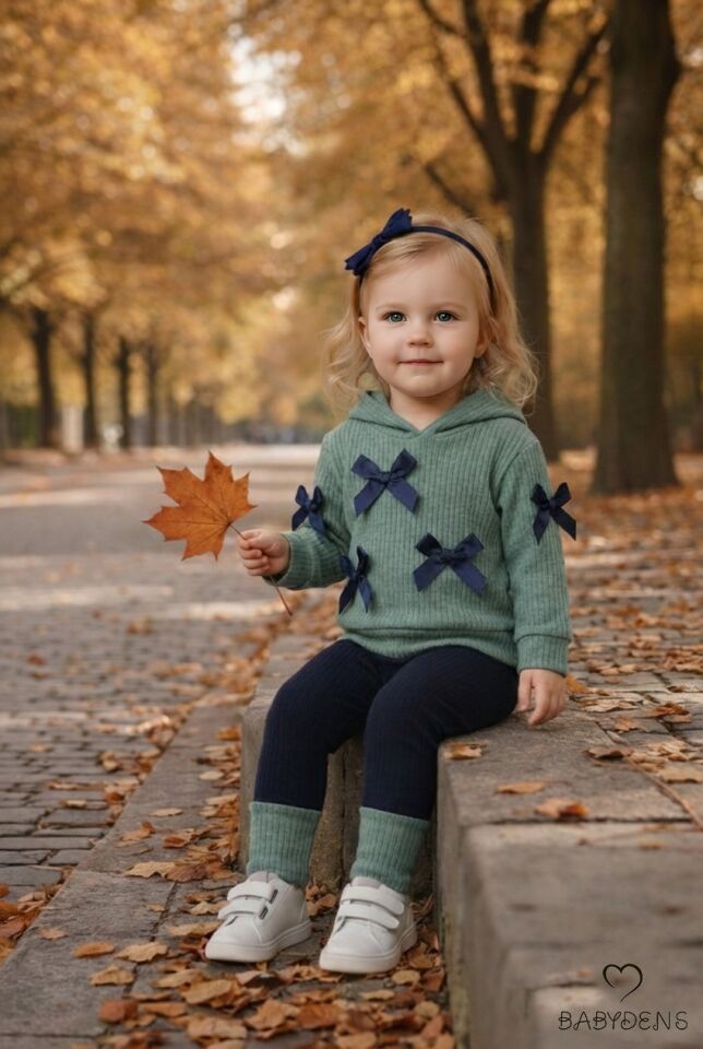 Bebek Çocuk 2’li Takım Pamuklu Kapüşonlu Sweatshirt Tayt Fiyonk Detaylı Kışlık Sonbaharlık Alt Üst Taytlı Takım Haki